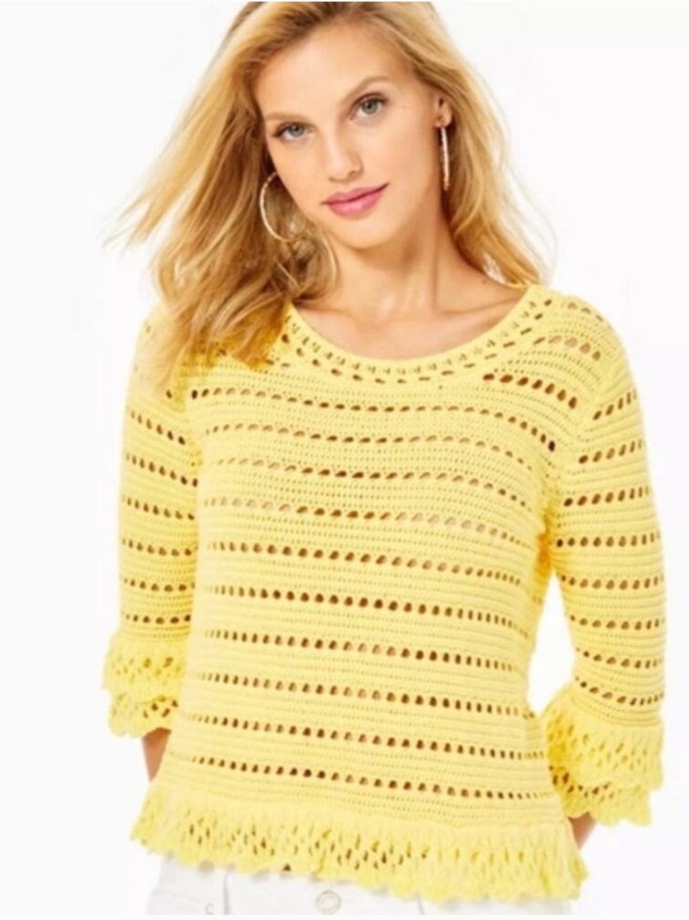 Lilly Pulitzer Crochet S Open-Knit Ruffle Sleeve Sweater‎ in Sunshine Yellow